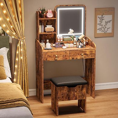 Vanity Desk with Mirror, Small Makeup Vanity Table Set with Storage Drawers & Chair