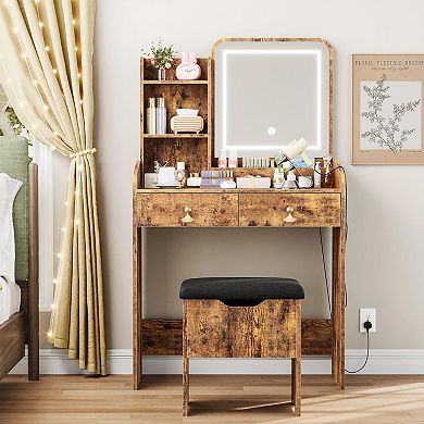 Vanity Desk with Mirror, Small Makeup Vanity Table Set with Storage Drawers & Chair