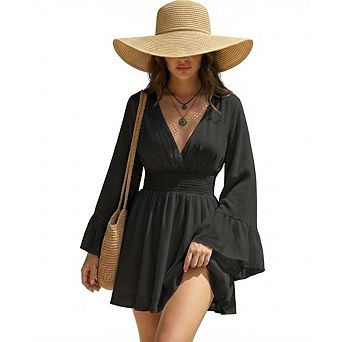 Women's Flowy V Neck Mini Dress Long Sleeve Smocked Waist Casual Summer Dress