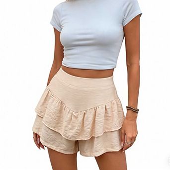 Women's High Waist Ruffle Skort, Textured Layered Wide Leg Casual Shorts