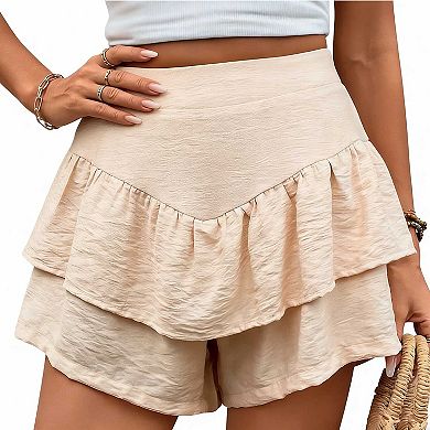 Women's High Waist Ruffle Skort, Textured Layered Wide Leg Casual Shorts