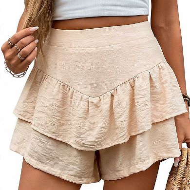 Women's High Waist Ruffle Skort, Textured Layered Wide Leg Casual Shorts