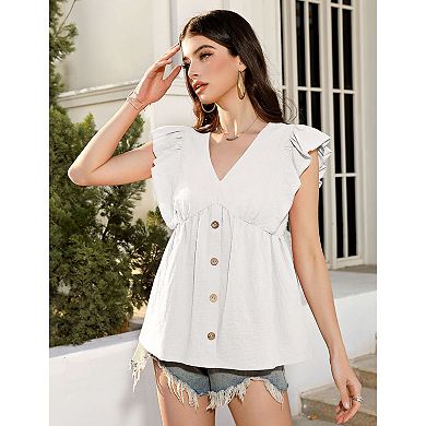 Womens Summer Tops Cute Ruffle Sleeve Shirts Fashion Patchwork Tees Blouse