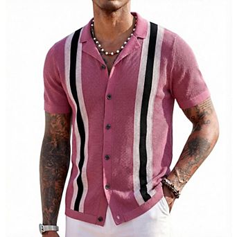 Men's Breathable Knit Polo Shirt Short Sleeve Striped Casual Polo