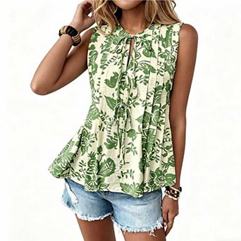 Women's Floral Print Sleeveless Tank Top, Pleated Tie Front Casual Vest Blouse