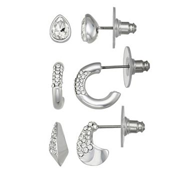 Nine West 3-Pair Silver Tone Pave Simulated Stone Stud Earring Set