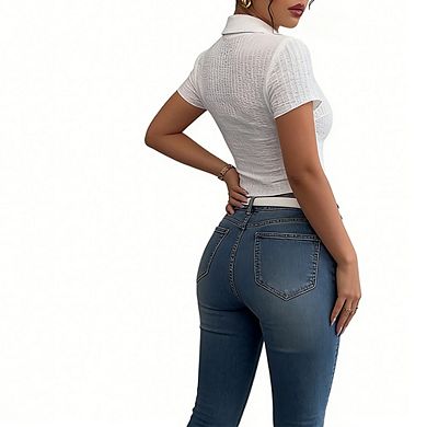 Women's Textured Button Down Crop Top Short Sleeve Collared Slim Fit Casual Blouse