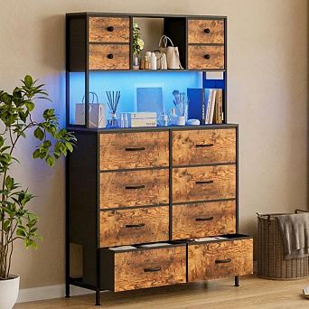 12 Drawer Dresser, Storage Organizer with LED Light and Charging Station for Living Room, Entryway