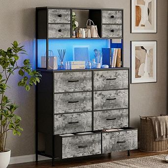 12 Drawer Dresser, Storage Organizer with LED Light and Charging Station for Living Room, Entryway