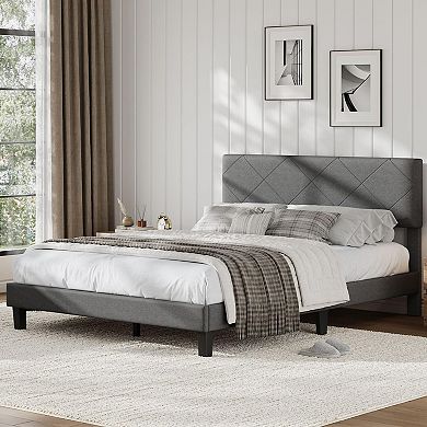 Upholstered Headboard Bed Frame, Platform Bed with Wooden Slats, No Box Spring Needed, Easy Assembly