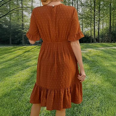 Womens Swiss Dot Midi Dress Lace Patchwork Crew Neck Short Sleeve A Line Tiered Flowy Dresses