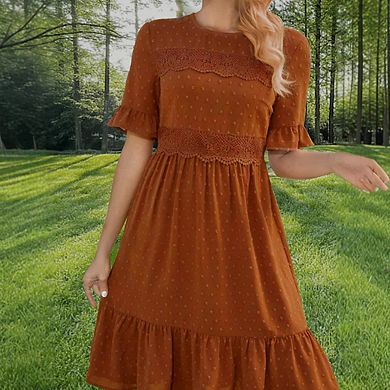 Womens Swiss Dot Midi Dress Lace Patchwork Crew Neck Short Sleeve A Line Tiered Flowy Dresses