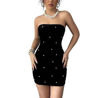 Women Pearl Embellished Strapless Velvet Mini Dress Bodycon Formal Cocktail Party Dress