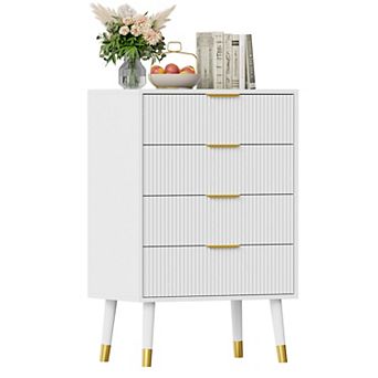Fluted 4-Drawer Storage Cabinet, Space-Saving Bedside Table Dresser with Heavy-Duty Wooden Legs