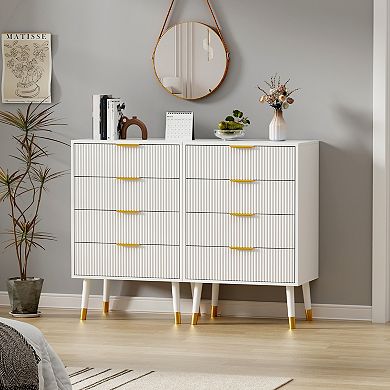 Fluted 4-Drawer Storage Cabinet, Space-Saving Bedside Table Dresser with Heavy-Duty Wooden Legs
