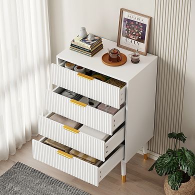 Fluted 4-Drawer Storage Cabinet, Space-Saving Bedside Table Dresser with Heavy-Duty Wooden Legs