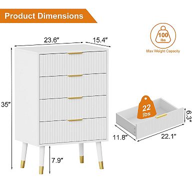 Fluted 4-Drawer Storage Cabinet, Space-Saving Bedside Table Dresser with Heavy-Duty Wooden Legs