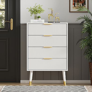 Fluted 4-Drawer Storage Cabinet, Space-Saving Bedside Table Dresser with Heavy-Duty Wooden Legs