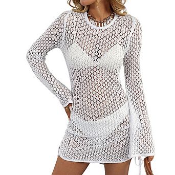 Women's Casual Crochet Knit Dress Long Sleeve Bell Sleeve Beach Cover Up Mini Dress