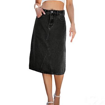 Women's Summer High Waisted A Line Boho Denim Midi Skirt Asymmetric Stitch Casual Skirt Pocket