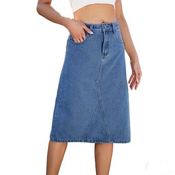 Women's Summer High Waisted A Line Boho Denim Midi Skirt Asymmetric Stitch Casual Skirt Pocket
