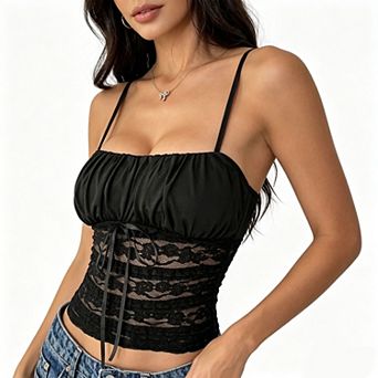 Women's Lace Spaghetti Strap Cami, Drawstring Waist Ruched Bust Corset Crop Top