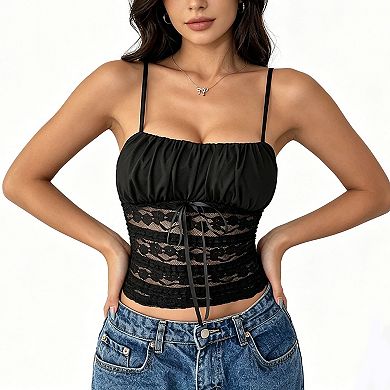 Women's Lace Spaghetti Strap Cami, Drawstring Waist Ruched Bust Corset Crop Top