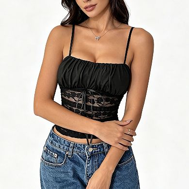 Women's Lace Spaghetti Strap Cami, Drawstring Waist Ruched Bust Corset Crop Top