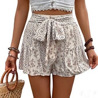 Women's Summer Casual Floral Geometric Print Ruffle Mini Shorts Tie Waist Flowy Swing Bottoms Pants