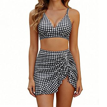 Women's High Waist Two Piece Swimsuit V Neck Crop Top Ruffled Ruched Swim Skirt Bathing Suit