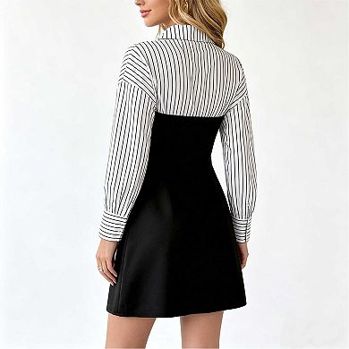 Women's Striped Patchwork Shirt Dress, Long Sleeve Fitted Mini Dress for Casual