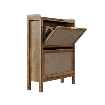 Farmhouse Rattan Shoe Cabinet with 2 Flip Drawers, Narrow Entryway Shoe Storage Organizer