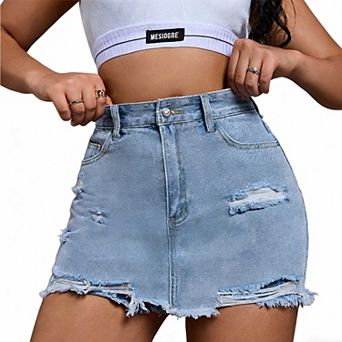 Women's High Waist Denim Skort, Distressed Frayed Hem A-Line Skirt with Shorts Lining
