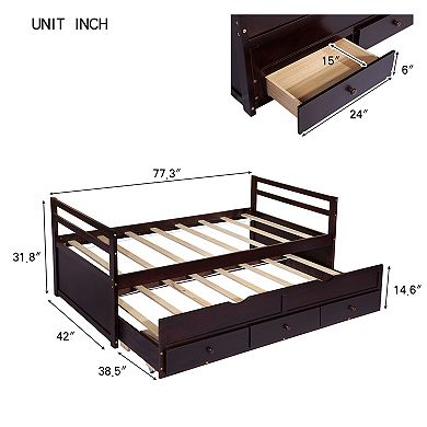 Sailvan Twin Size Bed with Headboard, Footboard, Trundle and 3 Storage Drawers, Pine Wood Bed