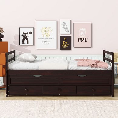 Sailvan Twin Size Bed with Headboard, Footboard, Trundle and 3 Storage Drawers, Pine Wood Bed