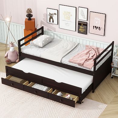 Sailvan Twin Size Bed with Headboard, Footboard, Trundle and 3 Storage Drawers, Pine Wood Bed