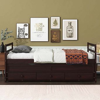 Sailvan Twin Size Bed with Headboard, Footboard, Trundle and 3 Storage Drawers, Pine Wood Bed