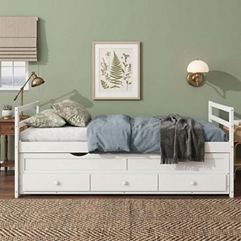 Sailvan Twin Size Bed with Headboard, Footboard, Trundle and 3 Storage Drawers, Pine Wood Bed