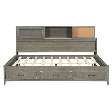 Sailvan Full Size Wooden Daybed with 3 Storage Drawers, Upper Soft Board, Shelf, Set of Sockets
