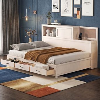 Sailvan Full Size Wooden Daybed with 3 Storage Drawers, Upper Soft Board, Shelf, Set of Sockets