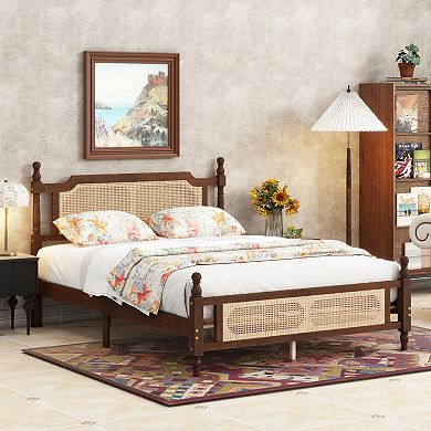 Sailvan Queen Pine wooden Bed with Rattan Headboard and Footboard, Central Enhanced Bed Platform