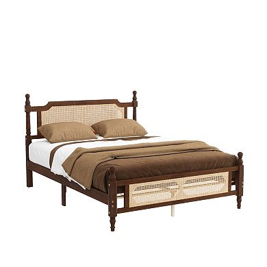 Sailvan Queen Pine wooden Bed with Rattan Headboard and Footboard, Central Enhanced Bed Platform