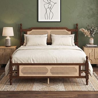Sailvan Queen Pine wooden Bed with Rattan Headboard and Footboard, Central Enhanced Bed Platform