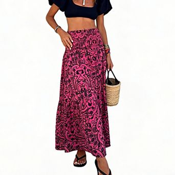 Women's Summer Tiered Maxi Boho Skirt Floral Smocked Elastic High Waist Casual Ruffle Long Skirt