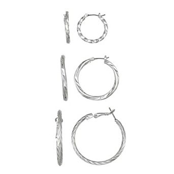 Nine West 3-Pair Silver Tone Faceted Hoop Earring Set