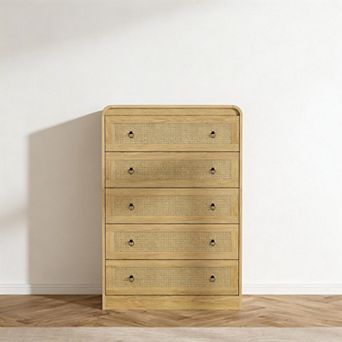 Rattan Dresser, 5 Drawer Dresser for Bedroom, Modern Chest of Drawers for Bedroom, Living Room
