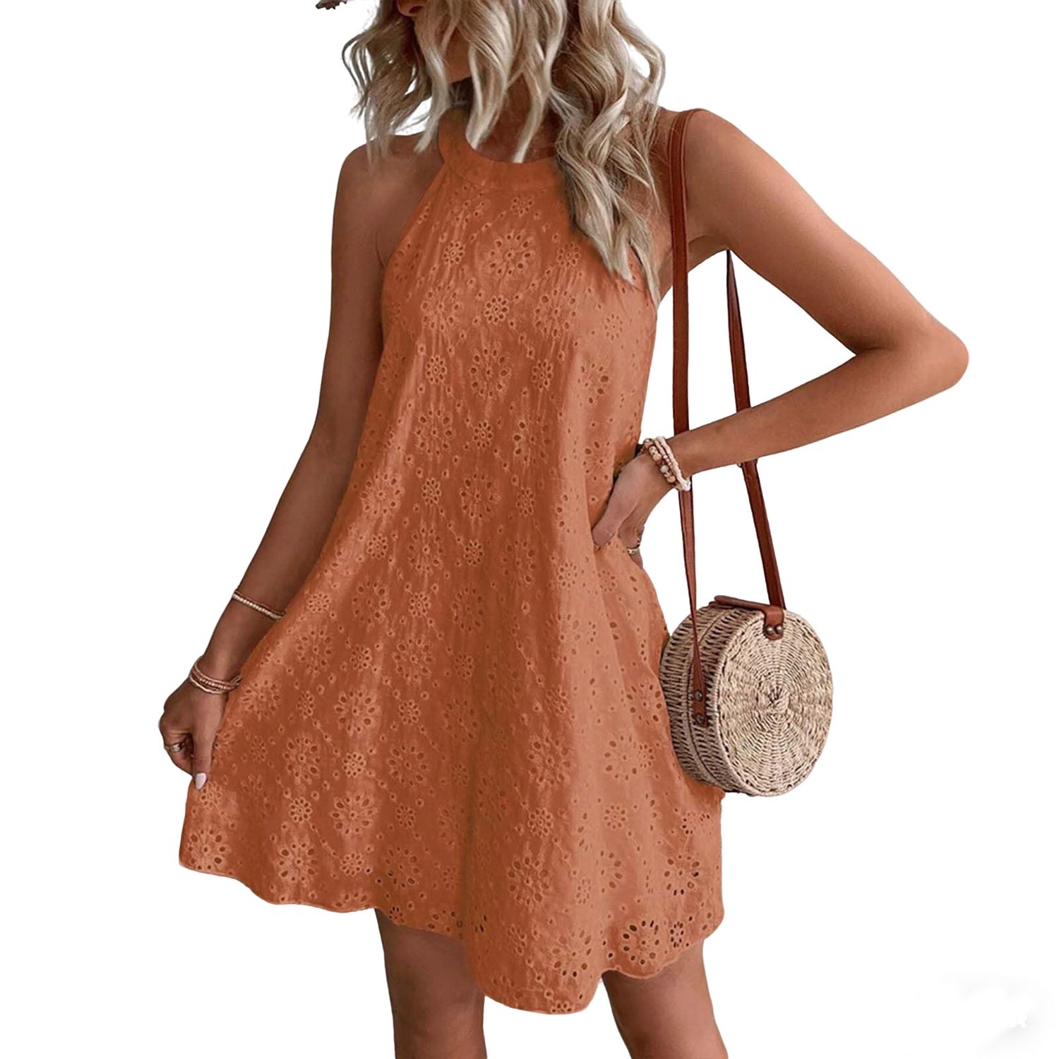 Женские платья Summer Casual Eyelet Hollowed Out Halter Neck Mini Dress Sleeveless Button Back Short Dress