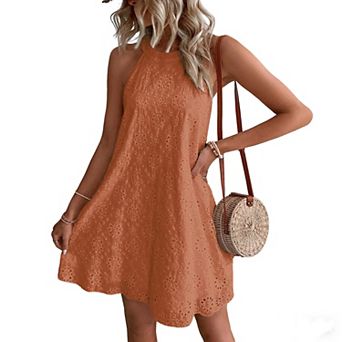 Women's Summer Casual Eyelet Hollowed Out Halter Neck Mini Dress Sleeveless Button Back Short Dress