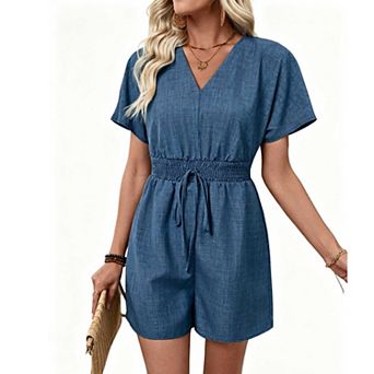 Women's Casual Short Sleeve Jumpsuit, V Neck Tie Waist Solid Romper for Summer