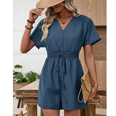 Women's Casual Short Sleeve Jumpsuit, V Neck Tie Waist Solid Romper for Summer